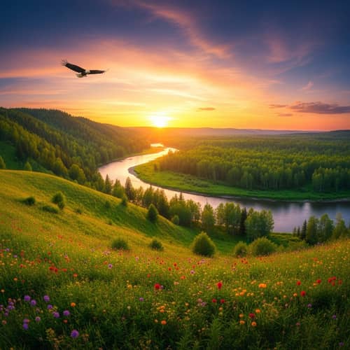 Tranquil Natural Landscape with Eagle Soaring | Website Name