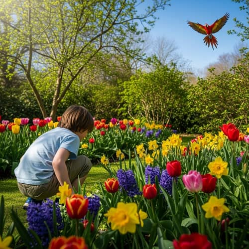 Sunny Springtime Garden with Child and Colorful Bird