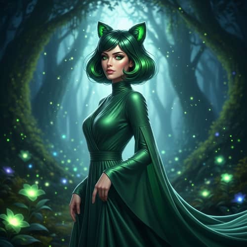 Beautiful Woman with Green Cat Ear Hair in Elegant Dress