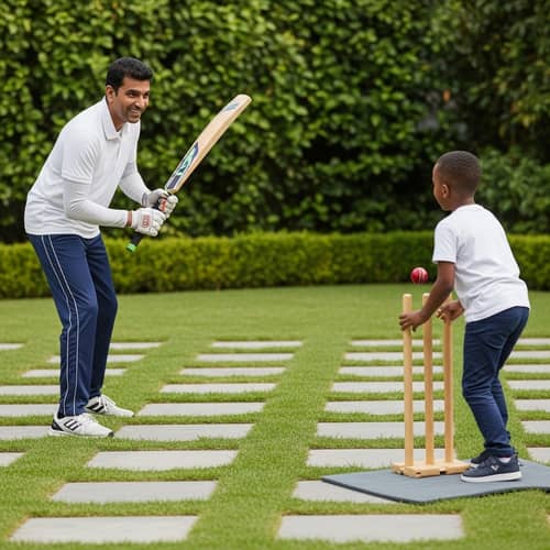 Family Cricket Match on Manicured Lawn | Friendly Game Scene