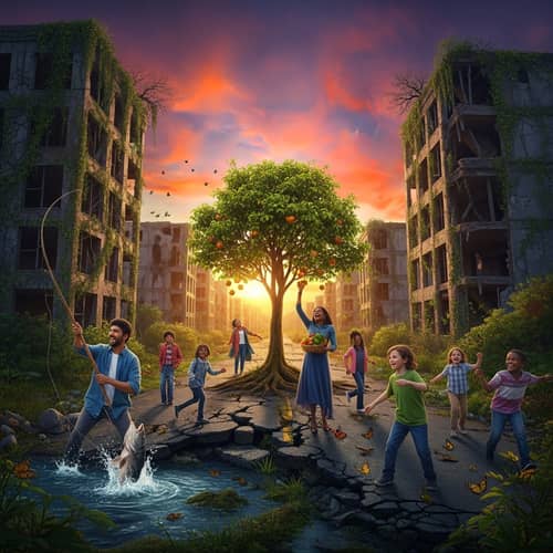 Happy Apocalypse Scene: New Wild Haven Amidst Ruined Buildings