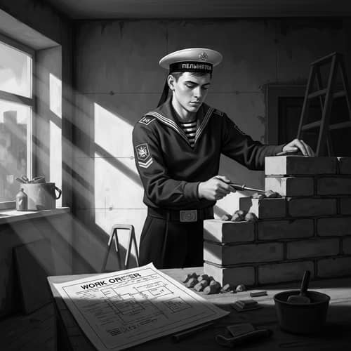 Vintage-Inspired Digital Painting of Handsome Russian Builder Erecting Brick Wall