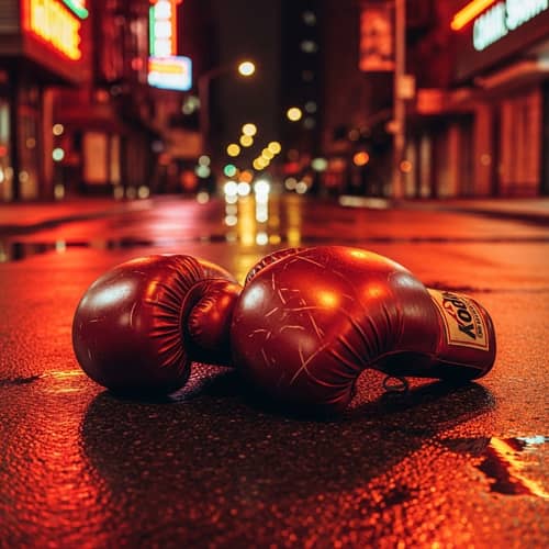 Metal Boxing Gloves on Red City Street | Kodak Vision3 500 Film
