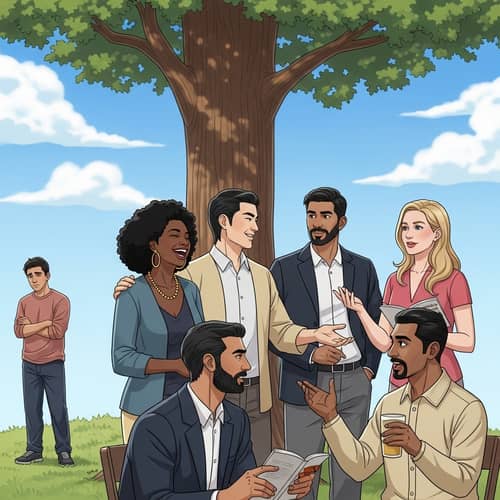 Diverse Group Enjoying Gathering Under Tall Tree