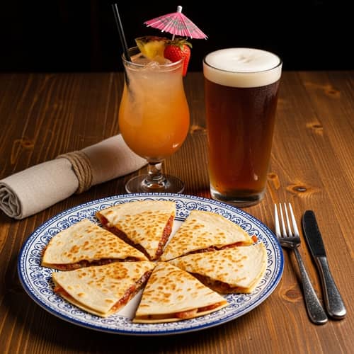 Delicious Quesadilla with Cocktail and Beer