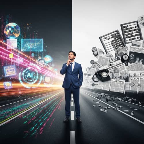 Hispanic Businessman at Crossroad: Future vs Tradition | AI vs Marketing