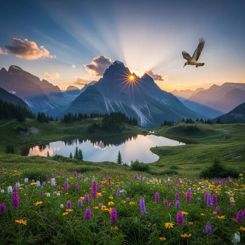 Breathtaking Sunrise Landscape with Mountain Range and Flying Bird