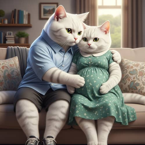 Tender Image of Pregnant White Scottish Cats Embracing