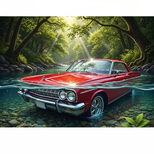 Vintage Red Car Half Submerged in Crystal Clear River