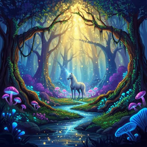 Mystical Forest with Unicorn and Glowing Mushrooms