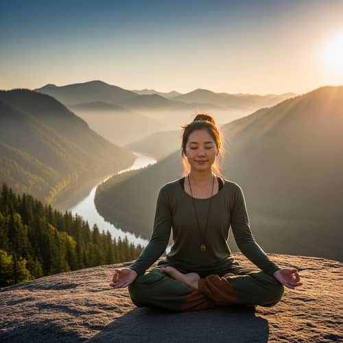 Asian Woman Performing Lotus Pose at Sunrise on Mountaintop