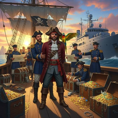 Pirate Apprehended by Maritime Forces with Treasure Chests