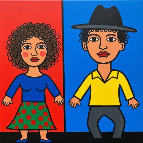 Dynamic Folk-Inspired Art Depicting Exaggerated Storytelling