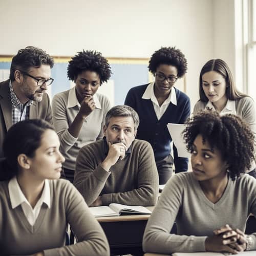 Educators in Vintage Classroom: Candid Interactions, Henri Cartier-Bresson Style