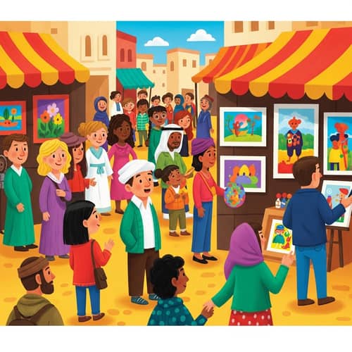 Vibrant Scene of Diverse Crowd Admiring Traveling Artist's Paintings