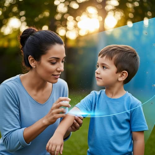 Hispanic Mother Applying Mosquito Repellent with Blue Shield Protection