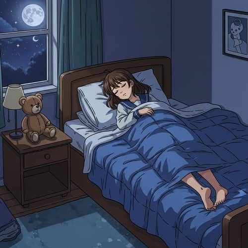 Young School Girl Asleep in Cozy Bed at Night