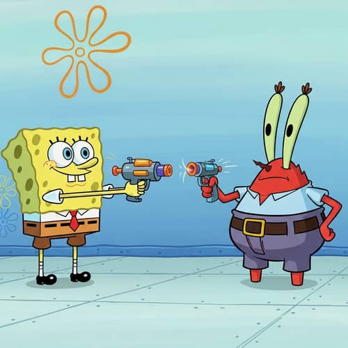 SpongeBob Playfully Aiming Toy Blaster at Mr. Krabs