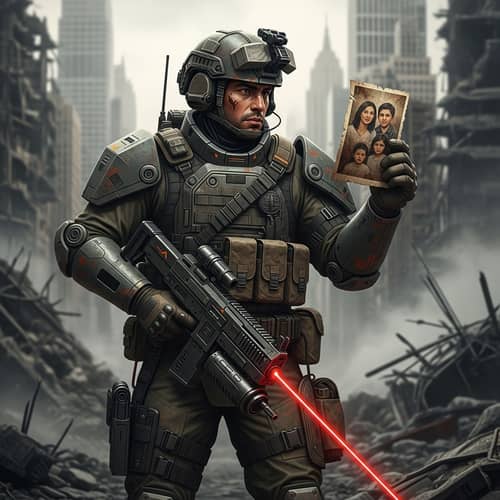 Hispanic Soldier with Powerful Laser Weapon in War-Ravaged City