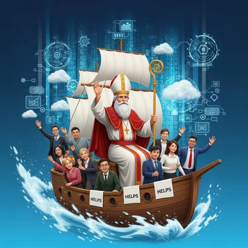 Digital Information Voyage | Diverse Helpers aiding Bearded Saint on Ship