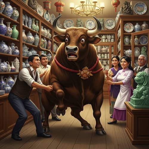 Lively Chinashop with Cultural Artifacts & Comical Bull
