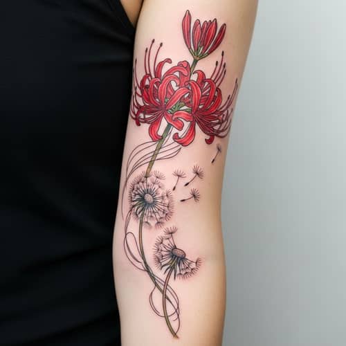 Vivid Higanbana and Dandelion Flower Tattoo Design