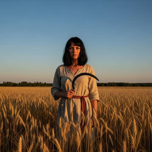 Enigmatic Black-Haired Witch in Golden Wheat Field with Sickle