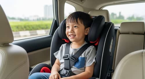 Cheerful Asian Boy in Car Child Safety Seat