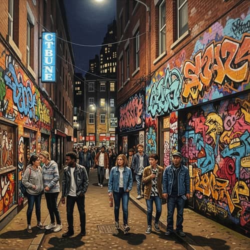 Urban Scene Oil Painting: City Streets at Night