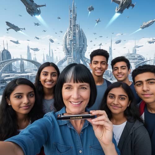 Futuristic Classroom Selfie with Teacher & Diverse Students
