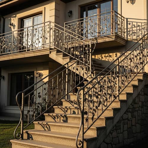 Architectural House Design with Concrete Stairs and Wrought Iron Balconies