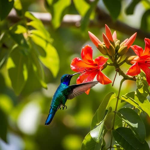 Vibrant Hummingbird Hovers around Red-flame Ceibo Flower