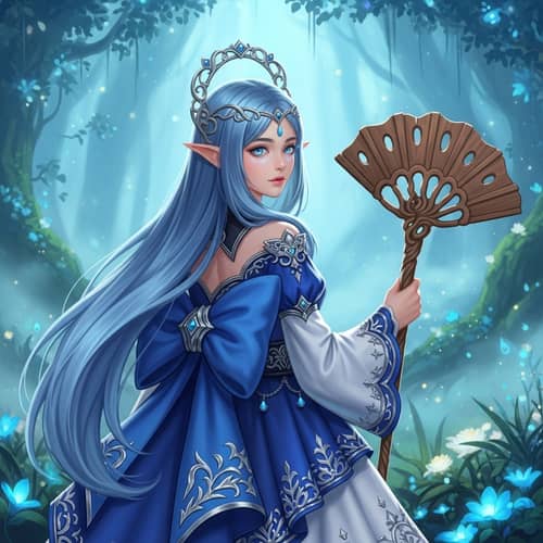 Fictional Character with Flowing Long Blue Hair in Elegant Blue and White Dress