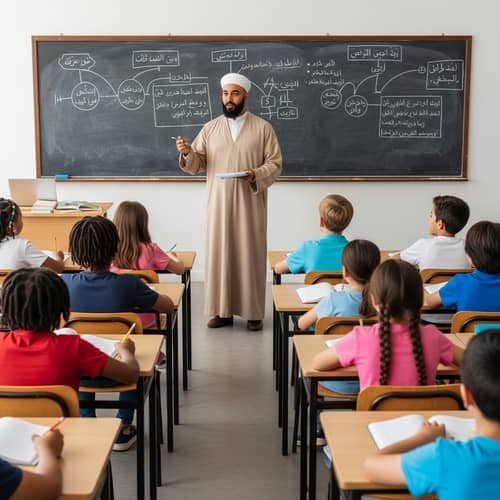 Islamic Religious Teacher Teaching Diverse Group of Students in Classroom
