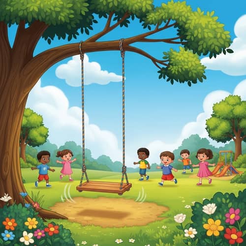 Cheerful Park Scene with Wooden Swing | Playful Children Illustration