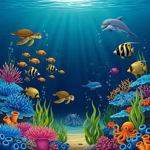 Vivid Underwater Scene with Tropical Fish and Marine Life
