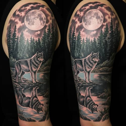 Majestic Wolf Tattoo Design with Moonlit Forest Reflection