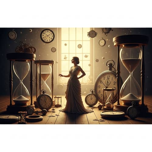 Surreal Dreamscape: Hispanic Woman Amidst Timepieces