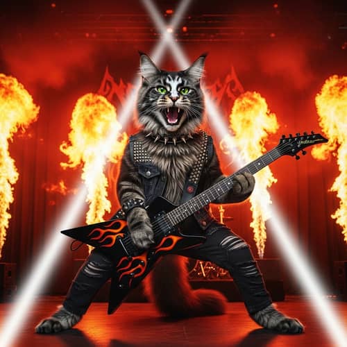 Metal Style Cat Playing Guitar with Fiery Stage Backdrop
