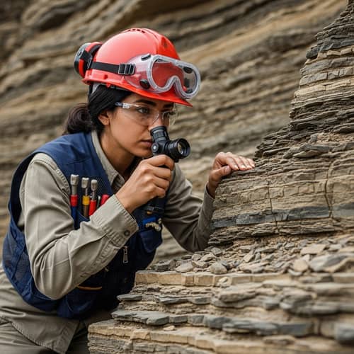 Middle-Eastern Female Geophysicist Studying Jurassic Sedimentary Layers