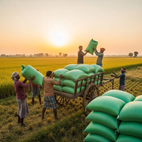 Rural Farmers Loading Green Sacks at Sunset