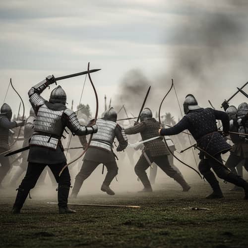 Epic Battle Scene: Soldiers Clash on Field