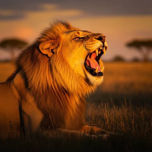Majestic Lion Roaring at Sunset in the Savanna