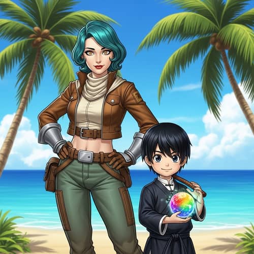 Retro-Future Fashion: Teal-haired Woman & Black-haired Boy at Tropical Beach
