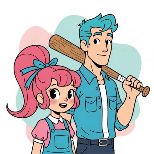 Pink Hair Ponytail Girl & Turquoise Hair Man with Baseball Bat