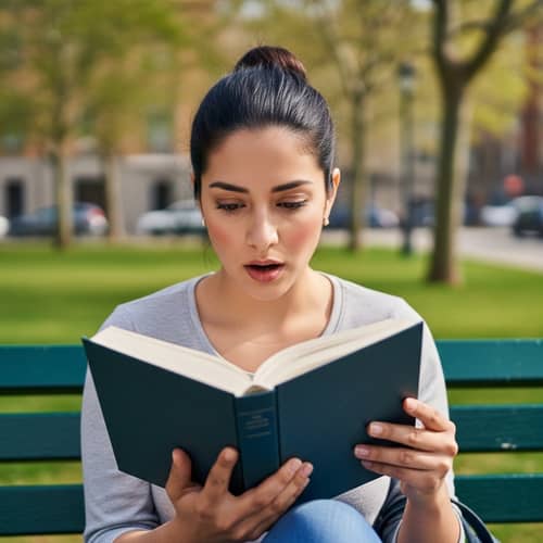 Hispanic Woman Reading a Novel in Sunny Park | Surprised Expression