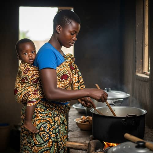 Traditional Ghanaian Mother Cooking Meal with Child in 'Kanga' Wrap