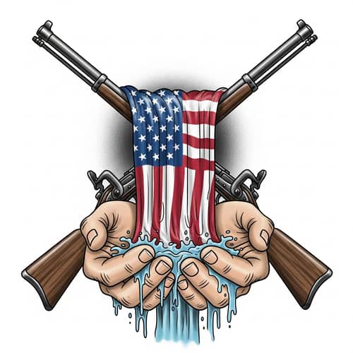 Vintage American Flag Waterfall Tattoo Art with Rifles