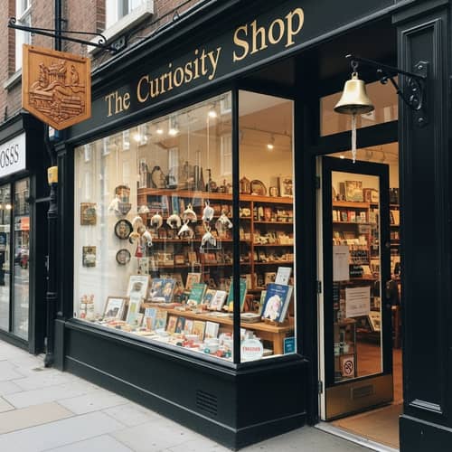 Quaint Shop Front: Wooden Toys, Books & Ceramics Display