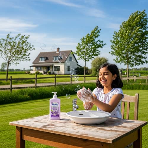 Serene Countryside Home: Girl Bathing with Gentle Soap